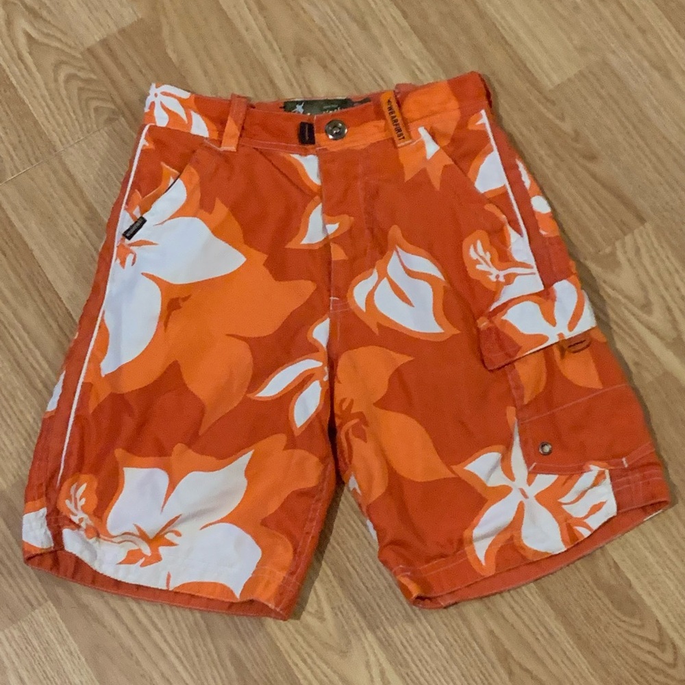Wearfirst Orange &White Hawaiian Board Shorts w/ Self Fastener Pockets - Size 8